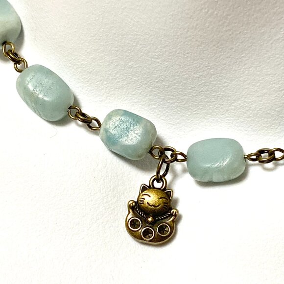 Natural Light Teal Amazonite Necklace, Bronze Fortune Cat + Genuine Gemstone - Picture 1 of 12